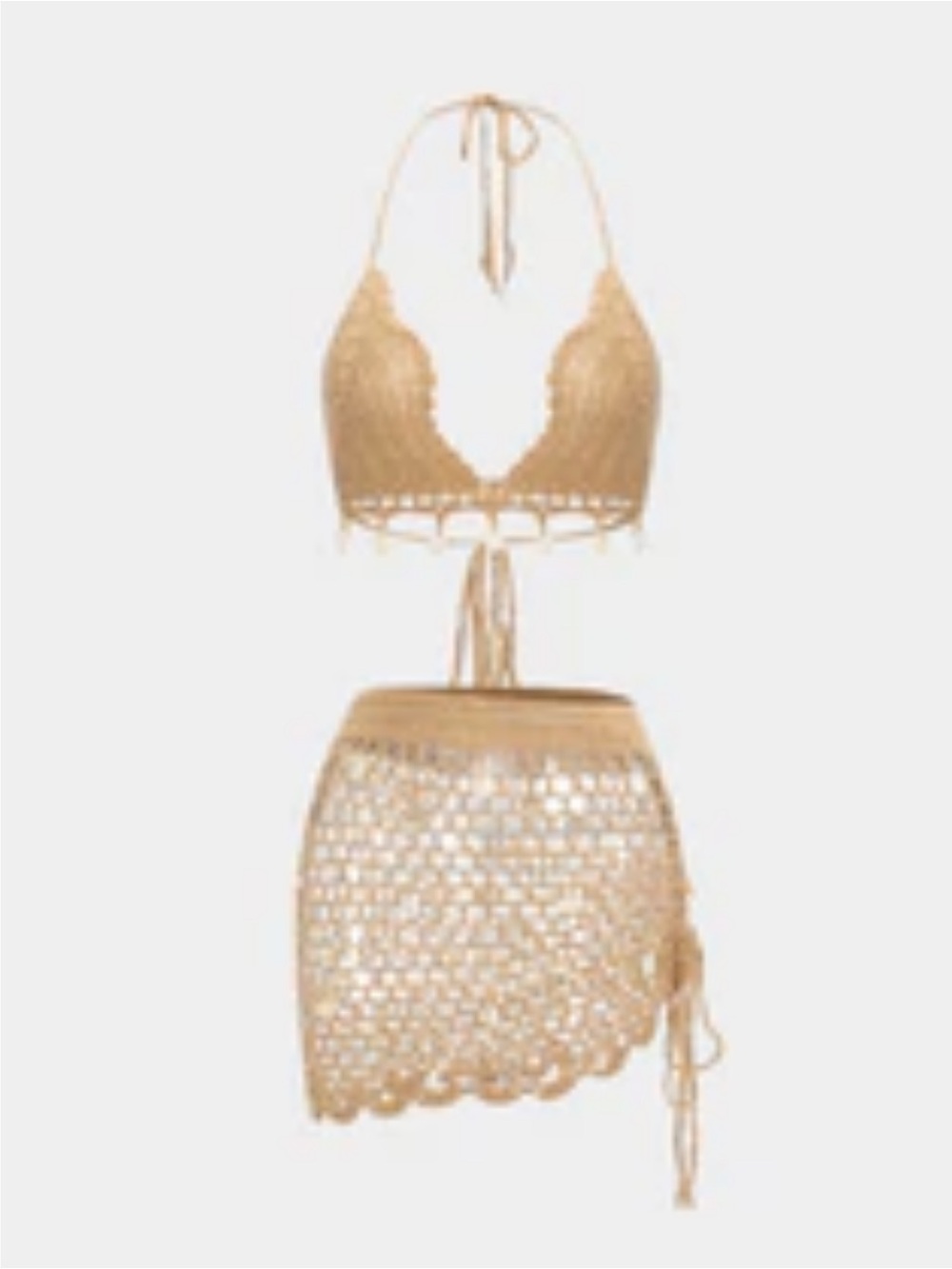 Crochet Halter Bikini Top and Skirt Cover Set - tan